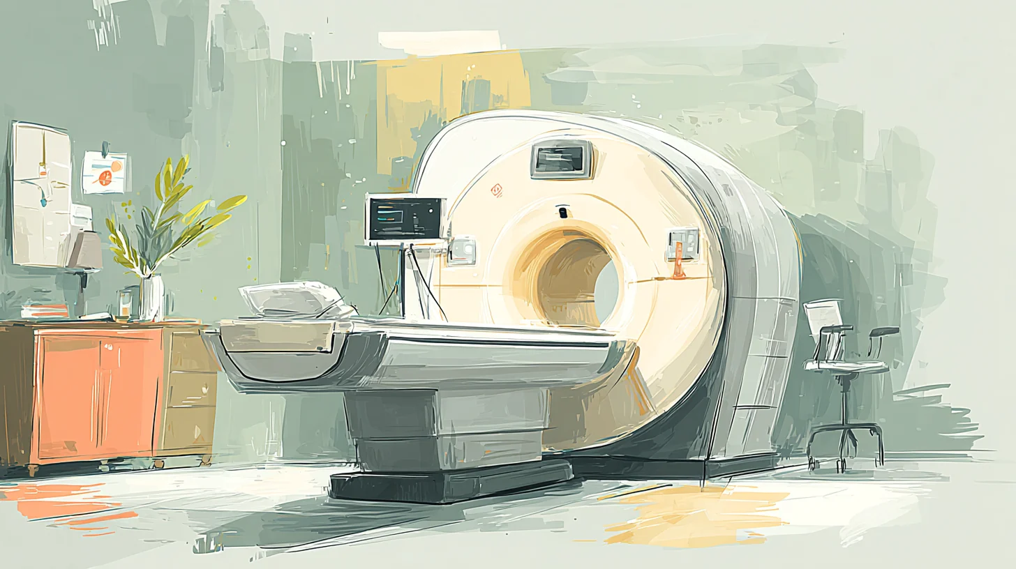 Warm watercolor illustration of an MRI machine in a calm, friendly imaging room